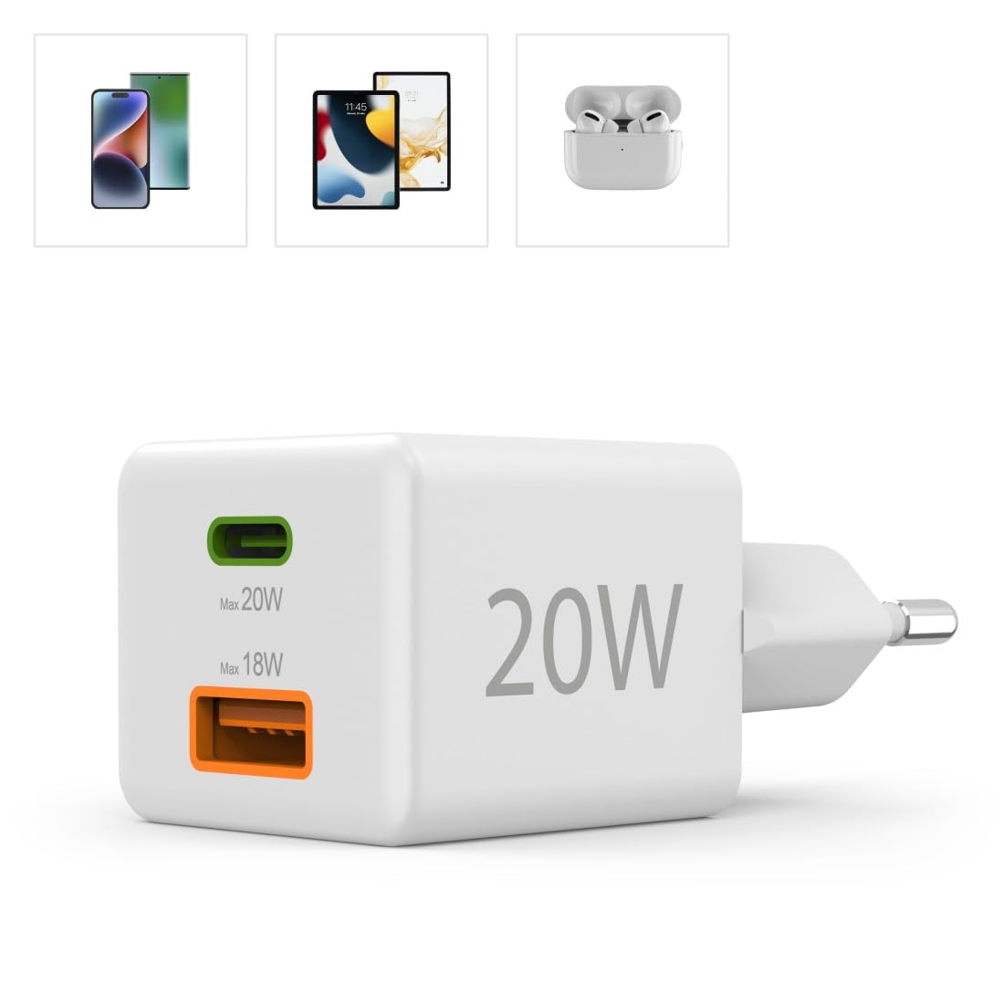 Hama Ładowarka sieciowa mini do Apple (USB C, USB A, 20 W, Quick Charge 3.0, charger, do smartfonów, tabletów, szybkie ładowanie) biała