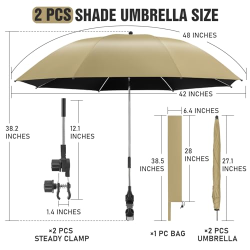 Image of 2 PACK Beach Umbrella with Clamp, 360 Adjustable Umbrellas for Chair, UPF50+ Umbrella for Beach Chair, Patio Chair, Wheelchair, Camping Chair, Golf Carts (Chair Not Included)