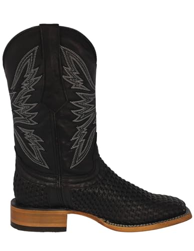 Mens Black Western Cowboy Boots Woven Leather Square Toe Botas Tejida2