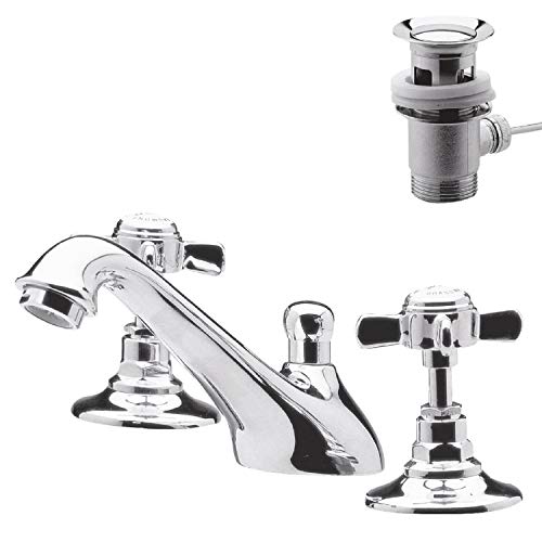 nuie I307X Beaumont Traditional Bathroom Crosshead Handle 3 Tap Hole Basin Mixer Tap with Pop-Up Waste, 85 x 50 x 165mm , Chrome