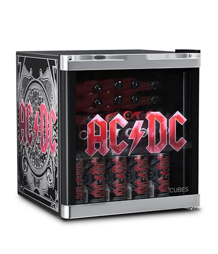 °CUBES AC/DC Mini Kühlschrank 48 L – Getränkekühlschrank mit Glastür & wechselbarem Türanschlag | Leise & energieeffizient (39 dB) | Perfekt für Bar, Büro & Gaming | Kult-Design für Rockfans
