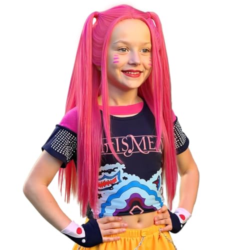 FantaLook Long Straight Hot Pink Cosplay Wig with 2 Ponytails for Halloween Party Costume（Small Size）2