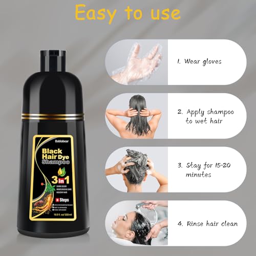 Bablabear haarfarbe schwarz haarfärbeshampoo für Männer und Frauen, haarfarbe shampoo für Graues Haar, black hair dye shampoo 3 in 1,Hair Color Shampoo für trockenes Haar 500ml