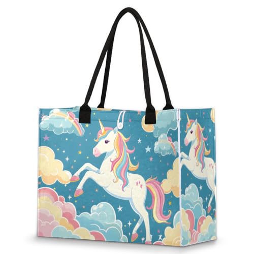 Rainbow Unicorn Stars Tote Bag for Women Large Beach Bag Reusable Tote Bags for Work Travel Beach Shopping