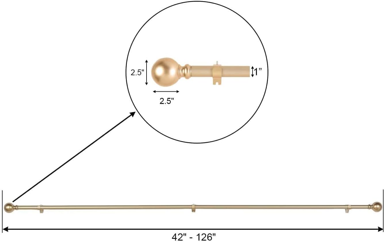 Efavormart 1-Inch Adjustable Curtain Rod Set, 42-126" Telescoping Window Drapery Rod with Round Decorative Finials, Modern Heavy Duty Treatment, Gold