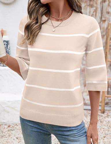 LOMON Womens Sweaters Casual Fall 2025 Crew Neck Striped 3/4 Sleeve Lightweight Knit Trendy Pullover Sweater Tops S-XL4