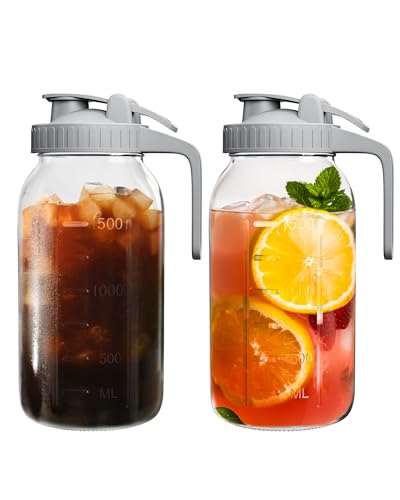 VA1KENE | 2 Pack | 64oz | Glass Pitcher with Lid Wide Mouth, 2 Quart (1.9 Liter) Mason Jar Pitcher with Lid and Spout, Leakproof Water Jug for Water, Juice, Tea, Iced Coffee, Milk Storage, Grey