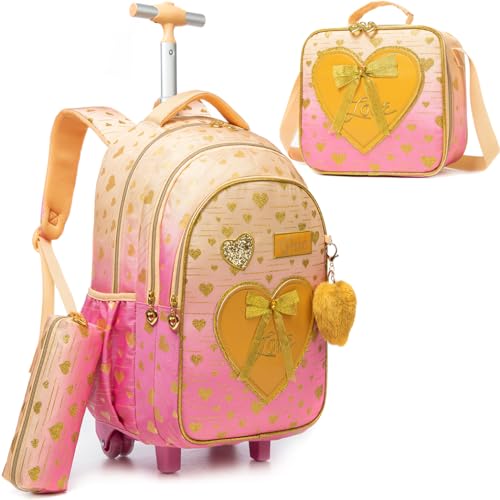Meetbelify meninas rolando mochila mochila crianças mochilas com rodas para estudantes do ensino fundamental levar na mochila com lancheira mala de viagem bagagem de viagem para meninas de 6 a 8 anos