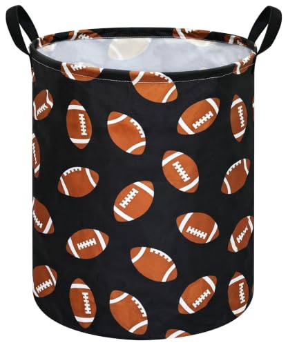 Image of MAIZMZ Rugby Sport Print Storage Basket Kids Hamper, 15.7 inchD x19.7 inchH,Waterproof Lining, Leather Handles, Collapsible for Laundry, Sports Gear, Boys Gift
