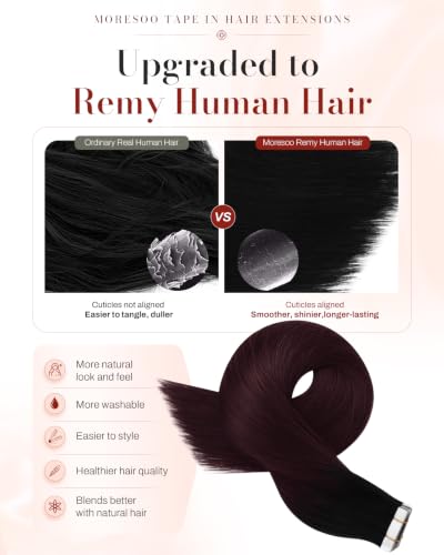 Image of Moresoo Wine Red Tape in Hair Extensions Remy Human Hair Tape in Extensions Balayage Off Black to Burgundy Ombre Human Hair Glue in Extensions 16 Inch #1B /99J 20pcs 50g