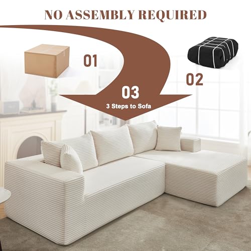110” Cloud Sectional Couch, Modular Sectional Sofa for Living Room, Boneless Sofa with Deep Seat, Comfy Fluffy Couch with L-Shaped Chaise, No Assembly Required (Right-Facing Chaise, Beige)