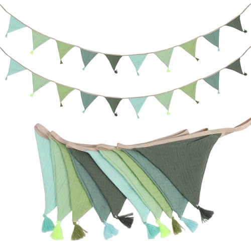 Sage Green Fabric Bunting Banner with Tassel, 10PCS Double Sided Cotton Buniting, 2.6m Fabric Triangle Flag Pennant Streamer for Nursery Baby Shower Birthday Party Wedding Bedroom Decoration