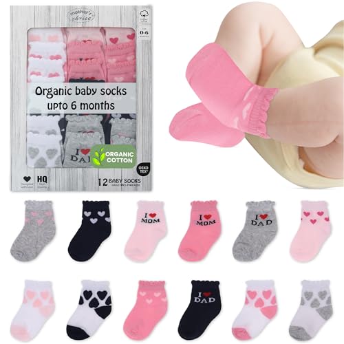 Image of Mother's Choice Organic Cotton Baby Socks, 12 Pairs, Unisex 0-6 Months - Soft, Hypoallergenic Newborn & Infant Socks - Baby Girl & Boy Gifts