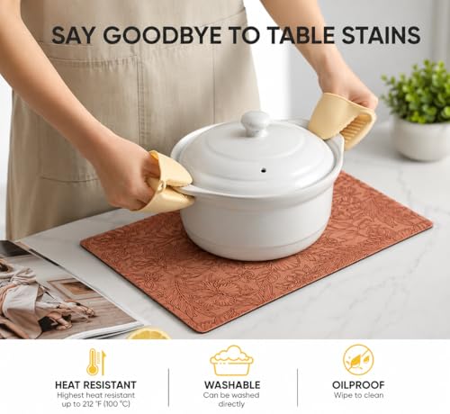 Image of Yelona Premium Faux Leather Placemat Set of 4 | Printed Floral Design, Waterproof & Heat Resistant Table Mat | Non-Slip, Washable for Dining, Kitchen & Home Decor (Brown, 43 x 30 cm)