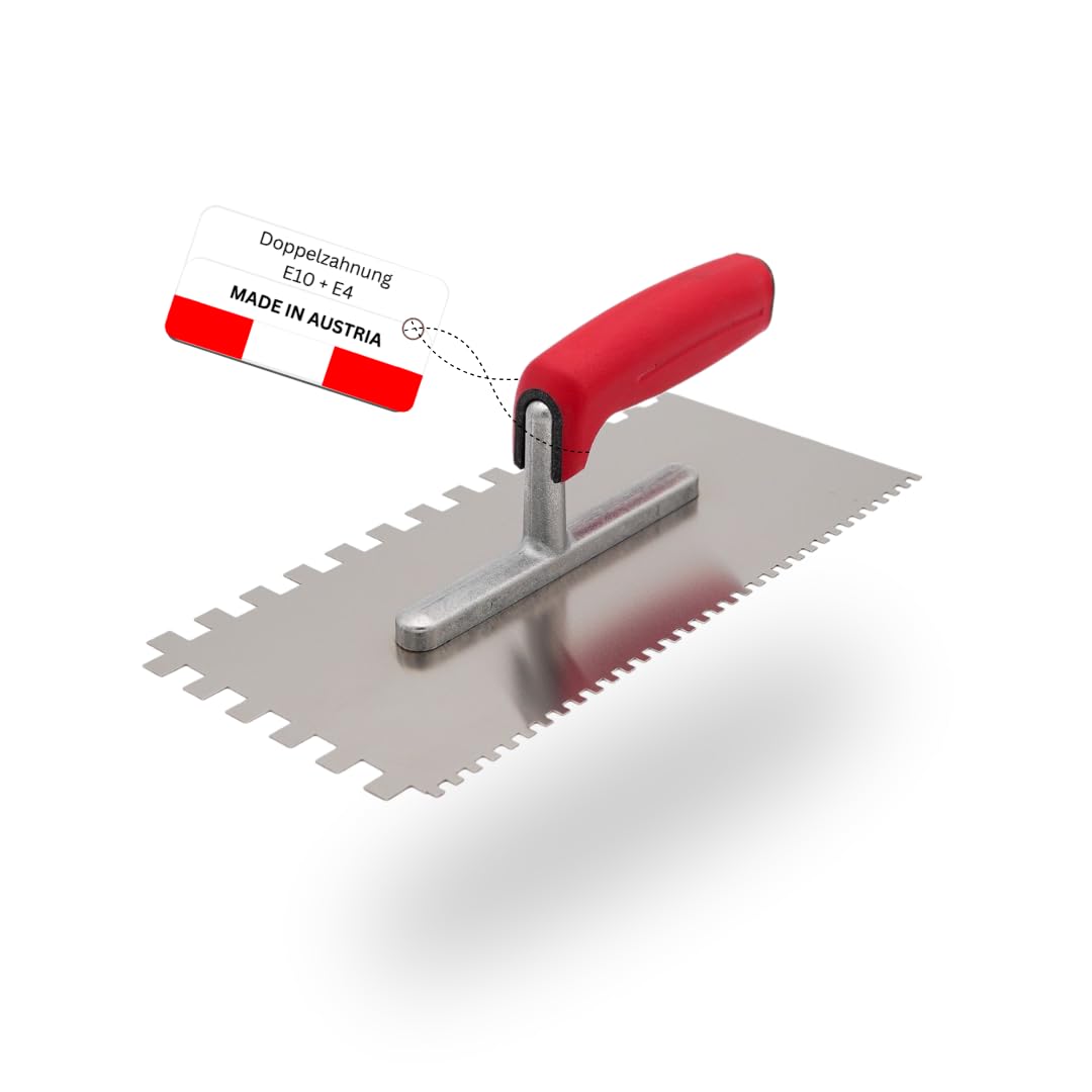 WERKFIT Profi Zahnkelle aus Edelstahl 4 mm - Glättekelle gezahnt Rostfrei - Zahnspachtel mit Softgriff - Traufel Hergestellt in Österreich 280x130mm (E10+E4)