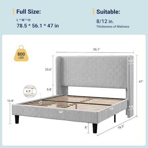 Image of Allewie Full Size Platform Bed with Corduroy Wingback Headboard, Light Grey
