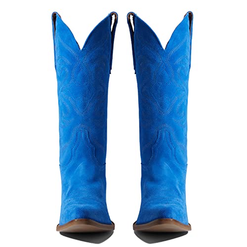 LEHOOR Cowboy Boots Women Embroidered Mid Calf Western Boots Stacked Low Heel Pointed Toe Pull On Cowgirl Boot 4-11 M US4