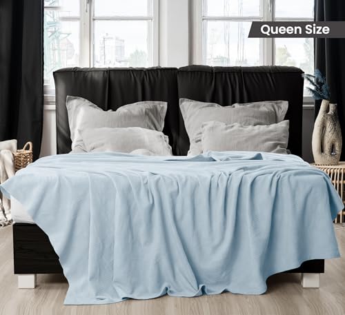 Utopia Bedding Sky Blue 100% Cotton Blanket [Queen Size - 90x90 Inch] 350GSM Lightweight, Soft and Breathable Thermal Blanket for All Seasons