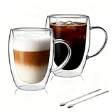 LIBWYS 2 Pack Double Walled Coffee Cups Glasses Mugs, 12oz Espresso Cappuccino Latte Tea Cups with Handle, Heat Resistant Borosilicate Clear Glasses 350ml