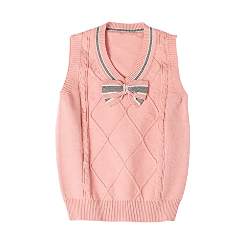 Girls Sweater Vest Cute Bowknot V Neck Argyle Knit Waistcoat Pullover Sleeveless Uniform