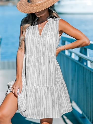 Image of CUPSHE Women's Ruffle Beach Mini Dress Split V Neck A Line Sleeveless Geometric Stripe Tropical Leaf Pattern Summer Dresses