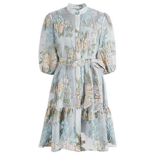 CHICWISH Women Floral Jacquard Mini Dress Puff Sleeves Mock Neck Button Garden Party Organza Casual Dress with Belt Baby Blue