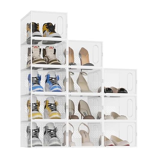 JOISCOPE Cajas de Zapatos Plástico, Juego de 12 Organizadores de Almacenamiento, Caja Zapatero Plástico Plegable y Apilable para Zapatillas hasta Talla 44, para Viajes y Almacenaje, Blanco