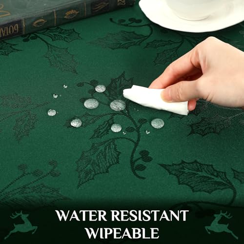 Softalker Christmas Jacquard Tablecloth - Waterproof Winter Vintage Damask Rectangle Table Cloth, Xmas Holly Polyester Fabric Table Cover Decor for Holiday, Dining, Party - Green 60 x 84 Inch – Image 3