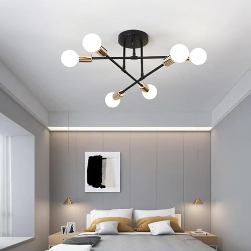 YHTlaeh Lampadario Soffitto Industrial Forma DIY Plafoniera E27 Moderno Lampada da Soffitto in Ferro Vintage per Camera da letto Soggiorno Cucina Corridoio (6T, Nero+Oro)