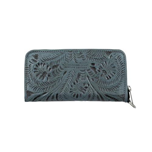 American West Leather Zip Around Wallet For Women | Expandable Billfold With Wrist Strap (Denim Blue)2