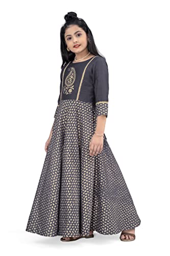 Image of Fashion Dream Girls Crepe Silk Maxi Length Foil Printed Dress|Maxi Dress|Long Dress|Printed Dress|Foil Printed Dress(Grey 7-8 Year)