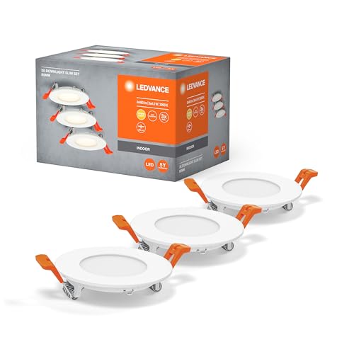 LEDVANCE Einbaustrahler Weiß, Slim Downlight mit integriertem Treiber, LED Spotleuchte, Lichtfarbe warmweiß (3000K), 4W, 85mm, IP20, 3er-Pack