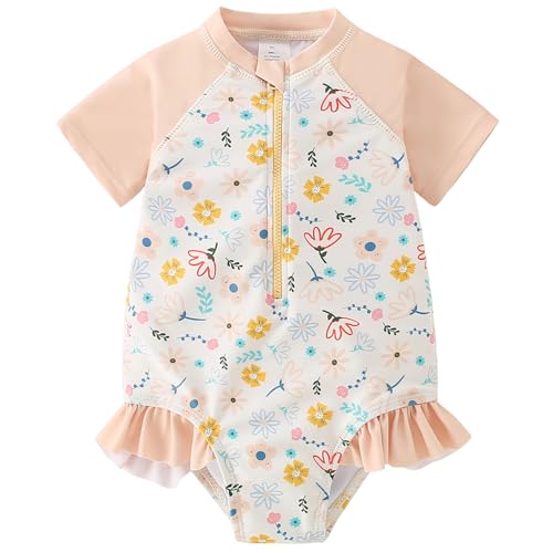 AMIYAN Toddler Girls One-Piece Swimwear Short Sleeve Ruffle Swimsuit Zipper Rash Guard Bathing Suit for Little Girls 1-5Y