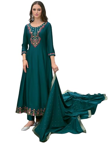 VredeVogel Women's Vichitra Silk Embroidered Kurta Pant Set with Swarosky Diamond Dupatta (Teal_Medium)