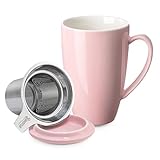 Sweese 201.108 Porcelain Tea Mug with Infuser and Lid, 15 OZ, Pink