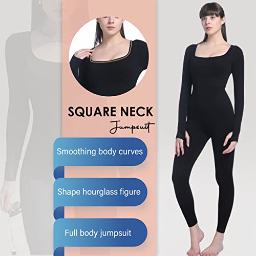 Jumpsuits For Women Tummy Control Long Sleeve Body Sculpting Full Bodysuit | Square Neck Ribbed One Piece Dupes #TOP3