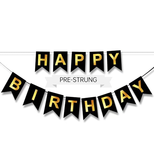 ZGIMI - Happy Birthday Banner,Pre-Strung Black and Gold Party Decorations，16ft Pre-Strung Hanging Sign for Kids, Girls, Boys, Women - No DIY, Backdrop