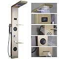 RUITHOE LED Shower Panels Tower System, LCD Temperature Display with Shelf, 304 Stainless Steel System with Rainfall Shower Head with Handheld Massage Body Jets Waterfall Bathtub, Brushed Gold