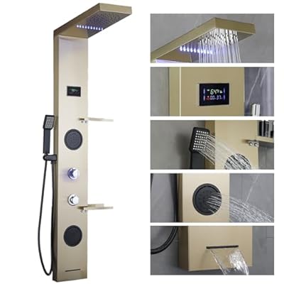 RUITHOE LED Shower Panels Tower System, LCD Temperature Display with Shelf, 304 Stainless Steel System with Rainfall Shower Head with Handheld Massage Body Jets Waterfall Bathtub, Brushed Gold