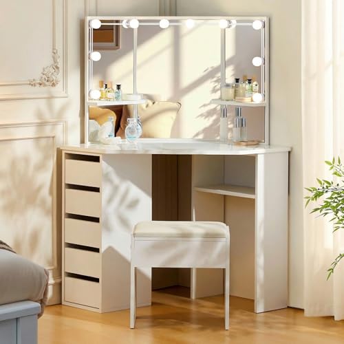 TUKAILAI Eck Schminktisch mit LED Beleuchtung 5 Schubladen Regal...