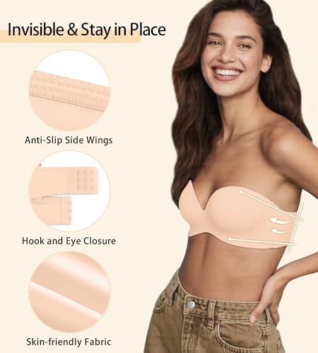Image of Strapless Bras for Women with Support, Womens Underwire Push Up Plunge Full Coverage Tshirt Bra with Extender