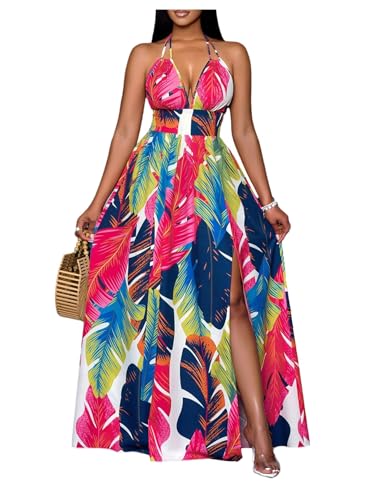 Women's 2025 Summer Halter Dress Tropical Tie Backless Deep V Neck Sleeveless Split Flowy Maxi Dresses
