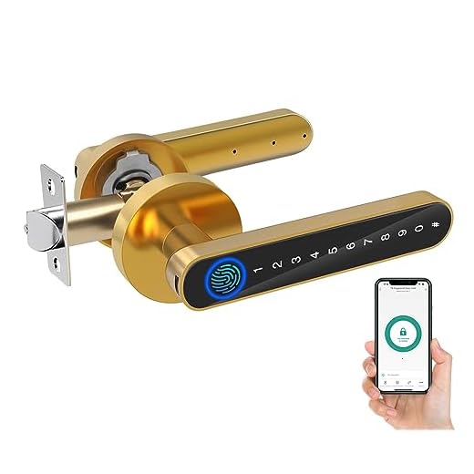 eLinkSmart Fingerprint Door Lock, Keyless Entry Door Lock with Keypad Handle, Digital Electric Biometric Smart Door Knob for Bedroom, Hotel, Apartment, Interior Door - Gold