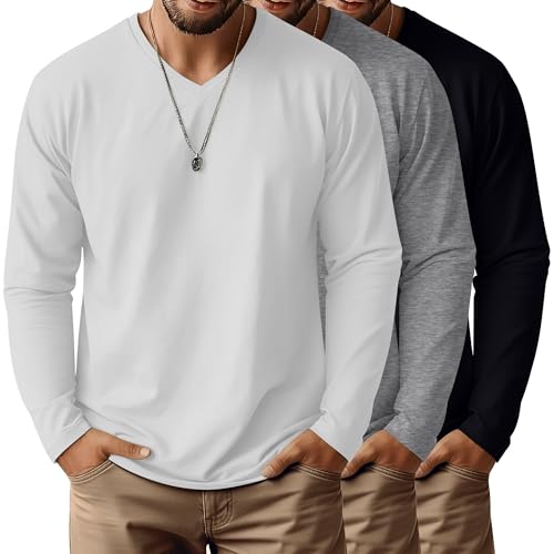 Ficerd 3 Pack Big and Tall Shirts for Men V Neck Cotton Long Sleeve Tee L-7XL Casual Loose Tops Oversized Basic T Shirts(White, Light Gray, Black,XL)