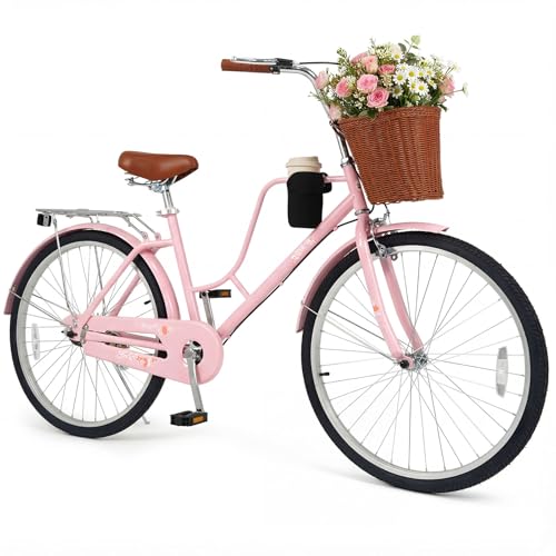 Goplus Beach Cruiser Bike for Women, 24/26-Inch Commuter Bike w/Adjustable Seat, Cup Holder, Basket,...