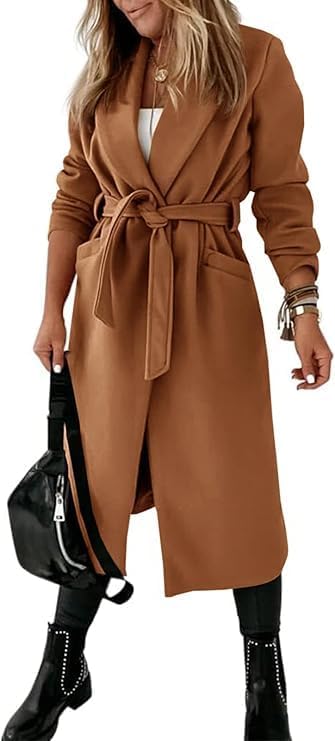 Tankaneo Womens Notched Lapel Collar Coats Open Front Long Jackets Overcoat with Belt - Image 3