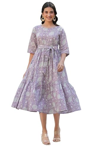 Image of Janasya Women's Pure Cotton Floral Printed Tiered Dress