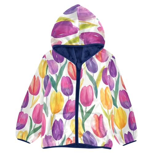 CHIFIGNO Girls Boys Fleece Jacket Cute Kids Hoodie Warm Winter Outwear with Pockets for Toddler and Kids, Colorful Watercolor Tulips, 5T