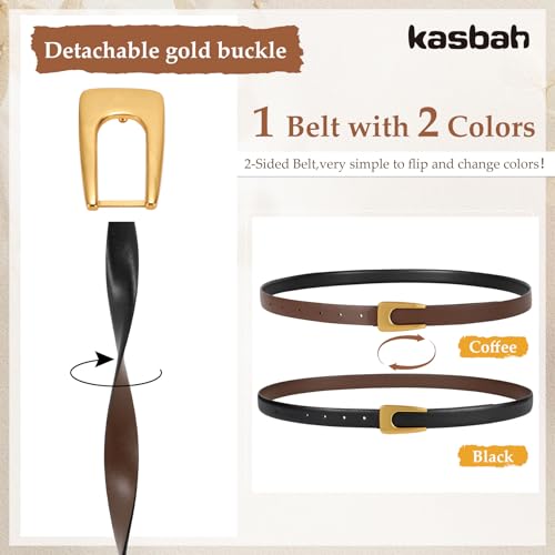 KASBAH Women's Reversible Belts Skinny Faux Leather Belt for Jeans Dresses Trendy Thin Waist Belt with Gold Buckle,0.9" Width2