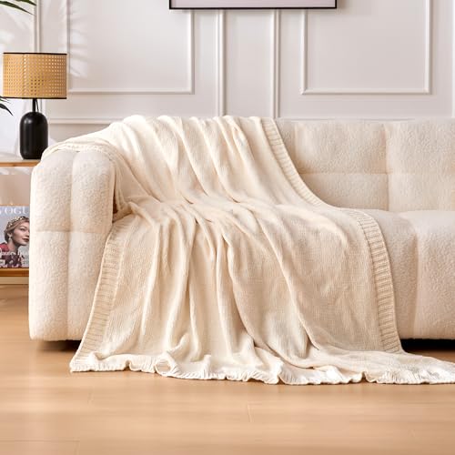 Amazon Basics Chunky Chenille Knit Microfiber Throw Blanket for Couch, Bed and Sofa, Soft and Warm Lightweight Jersey, 50″×60″, White